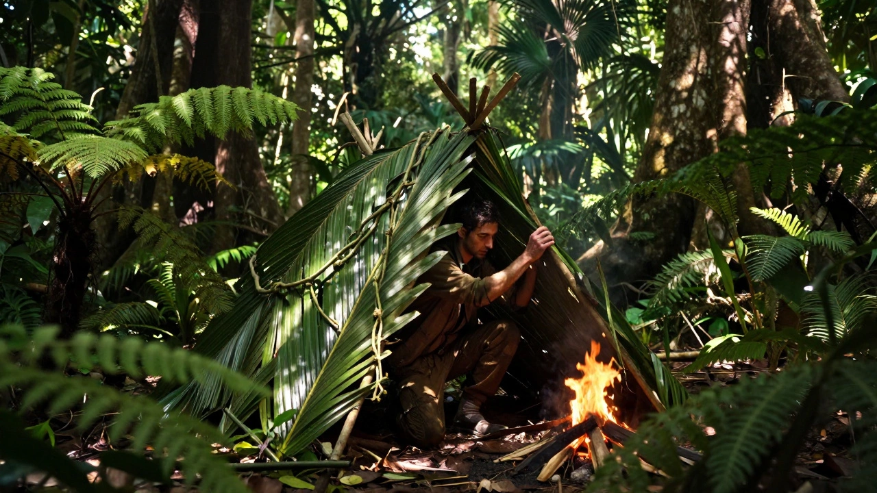 Человек строит укрытие для выживания в густых тропических джунглях