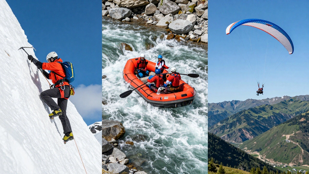 Коллаж из альпиниста на снегу, рафтинга по горной реке и парапланера в небе