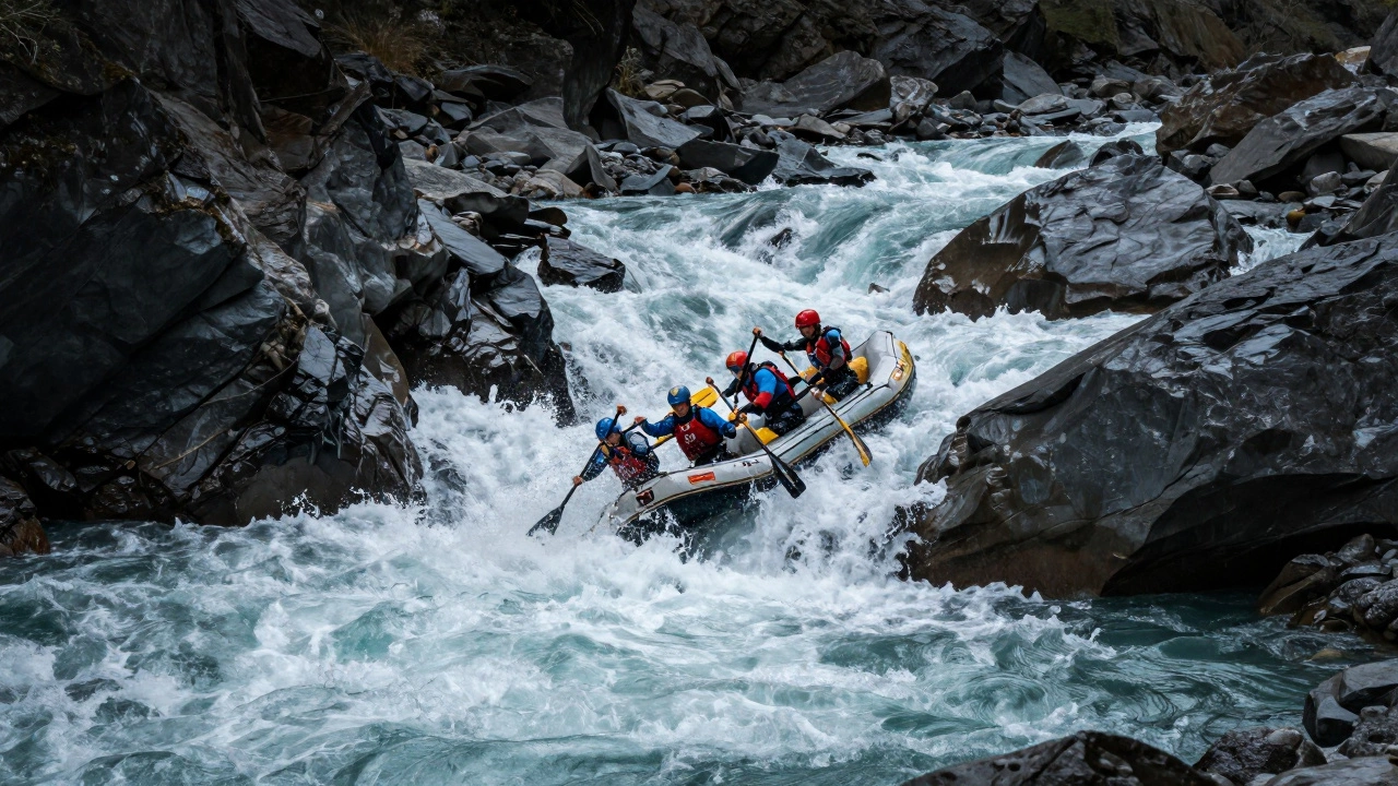 Команда рафтинга преодолевает бурный поток горной реки