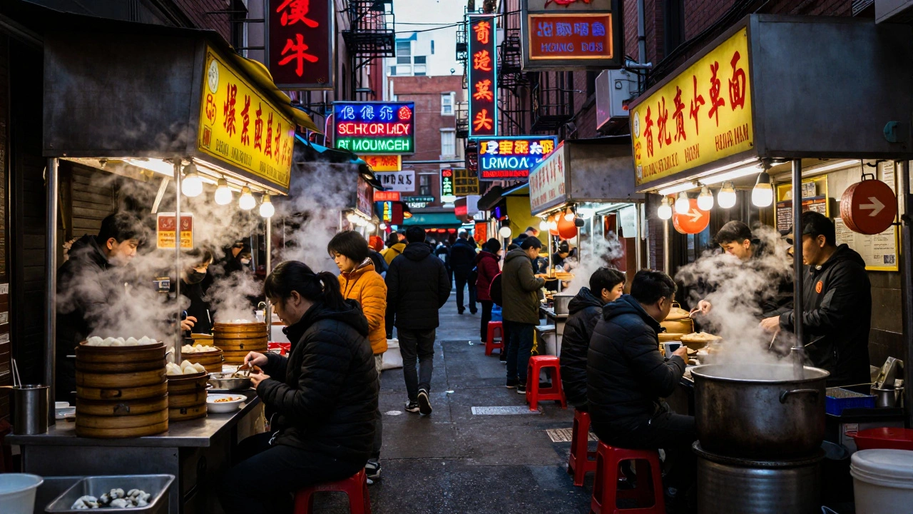 Оживленная улица с едой и неоновыми вывесками в Квинсе, Нью-Йорк