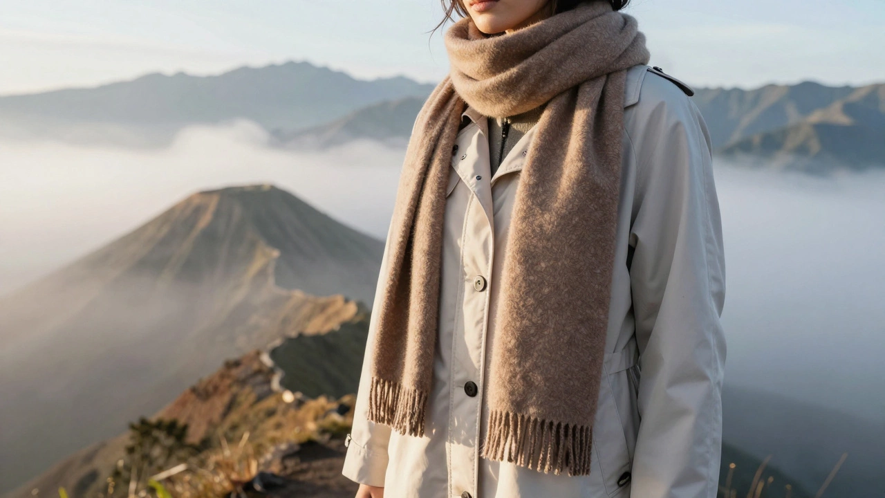 Путешественник в теплой одежде на туманном тропическом высокогорье