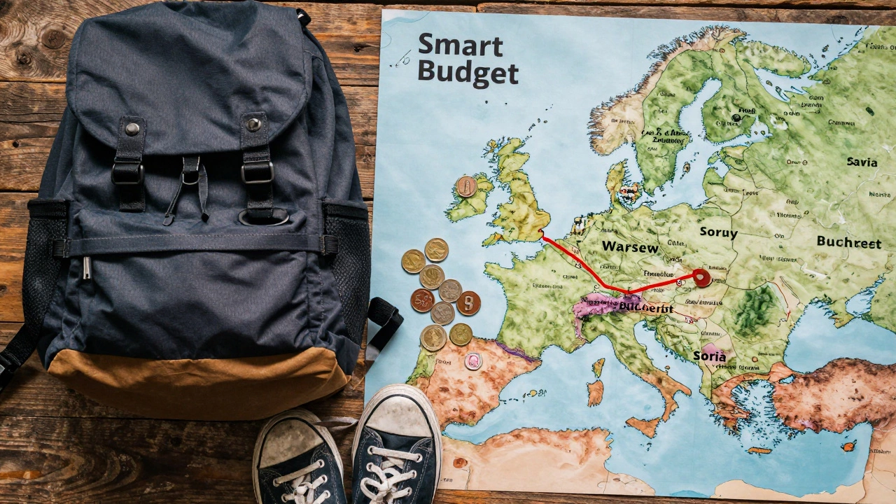 Разложенные вещи путешественника: рюкзак, карта Европы и монеты разных стран