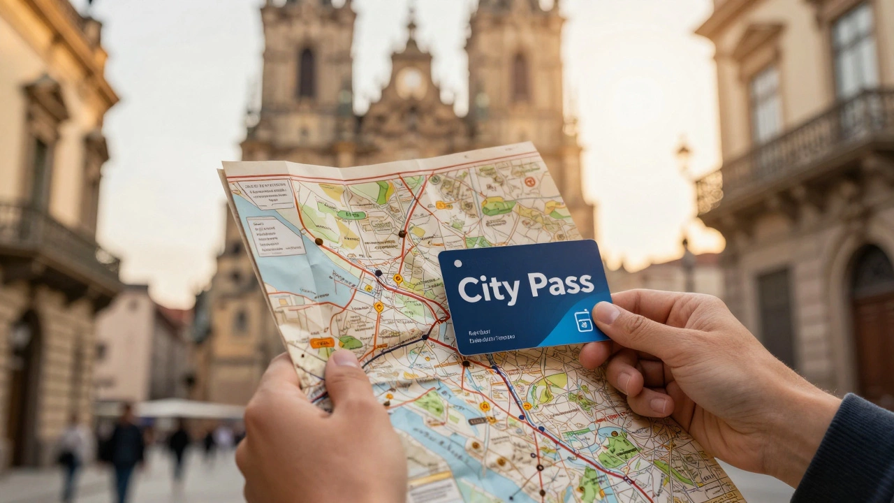 Руки туриста с картой города и пропуском на фоне старинной архитектуры