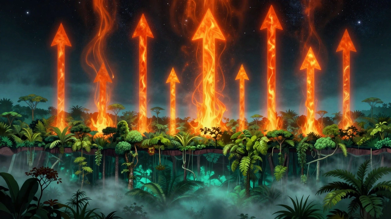 Схематичное изображение ухода тепла из тропических джунглей в космос ночью