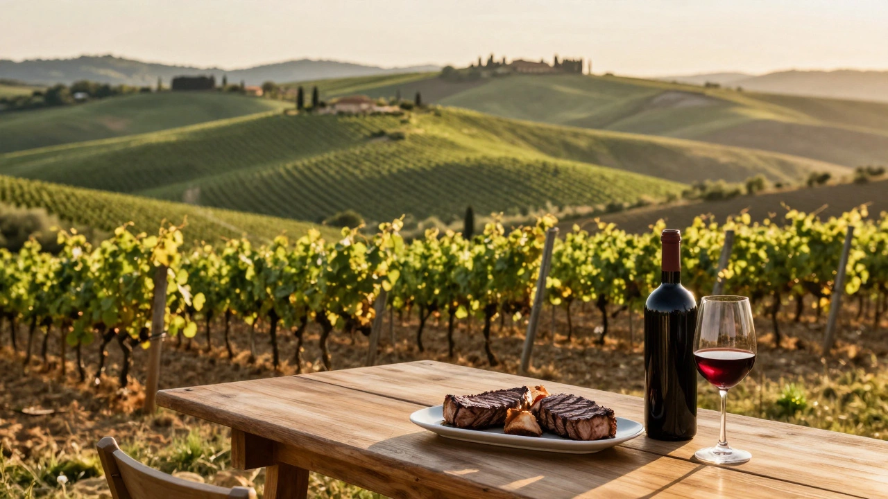 Стол с стейками и красным вином на фоне виноградников Тосканы в золотой час