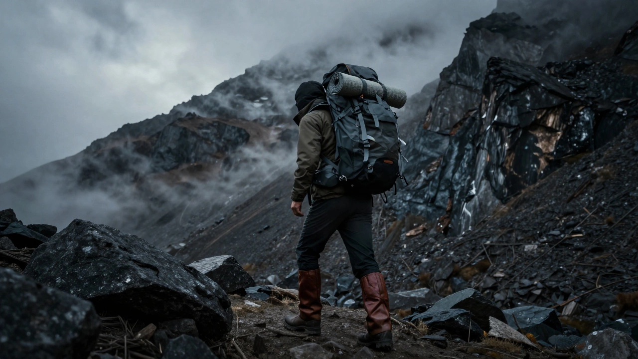 Треккер с большим рюкзаком в туманных горах Гималаев