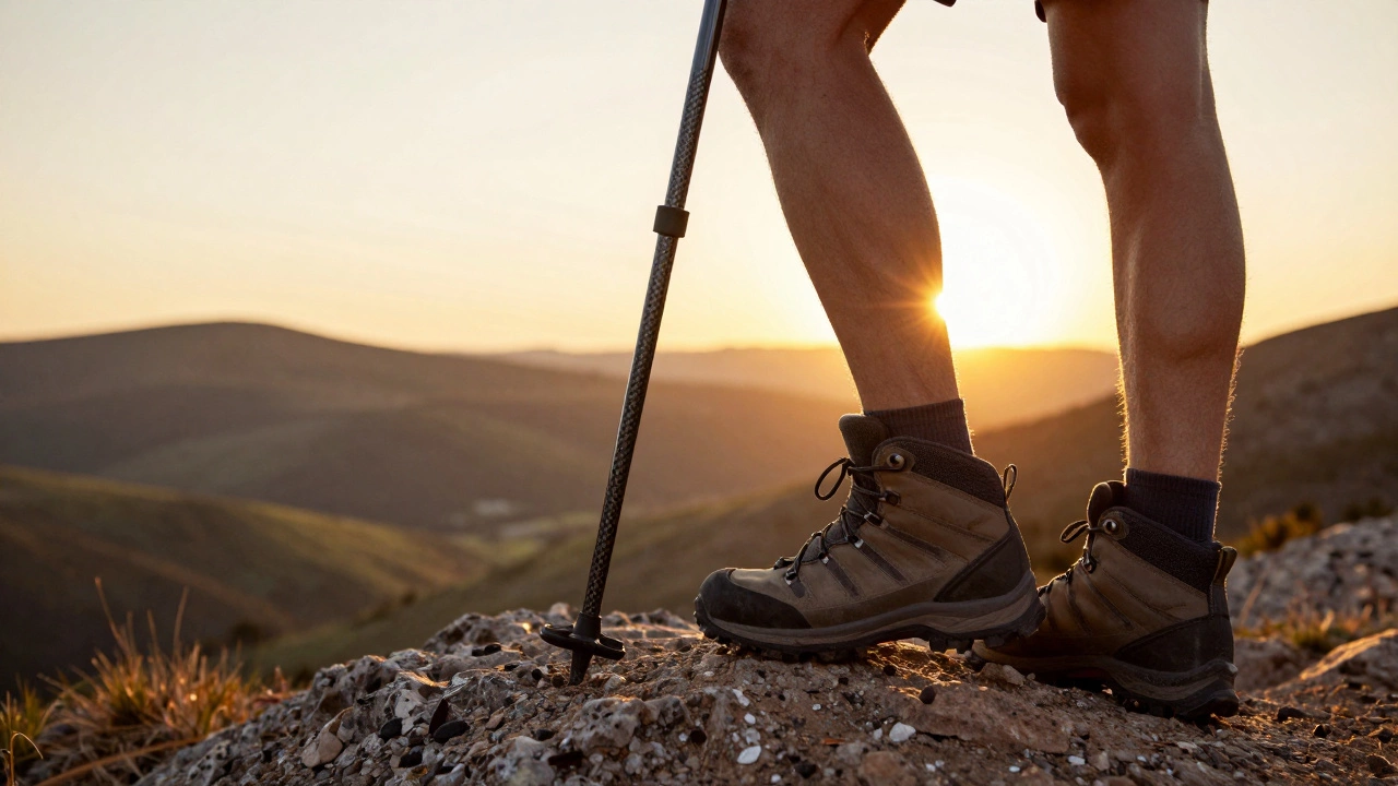 Треккинговые ботинки и палки на фоне красивого горного пейзажа