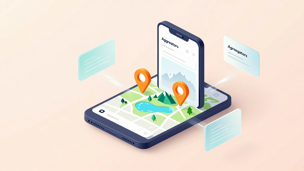 Изометрическая иллюстрация цифровых платформ для бронирования путешествий