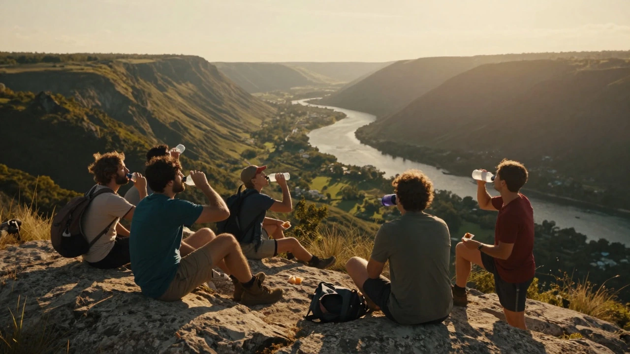 Group of hikers resting and drinking water on a mountain ridge