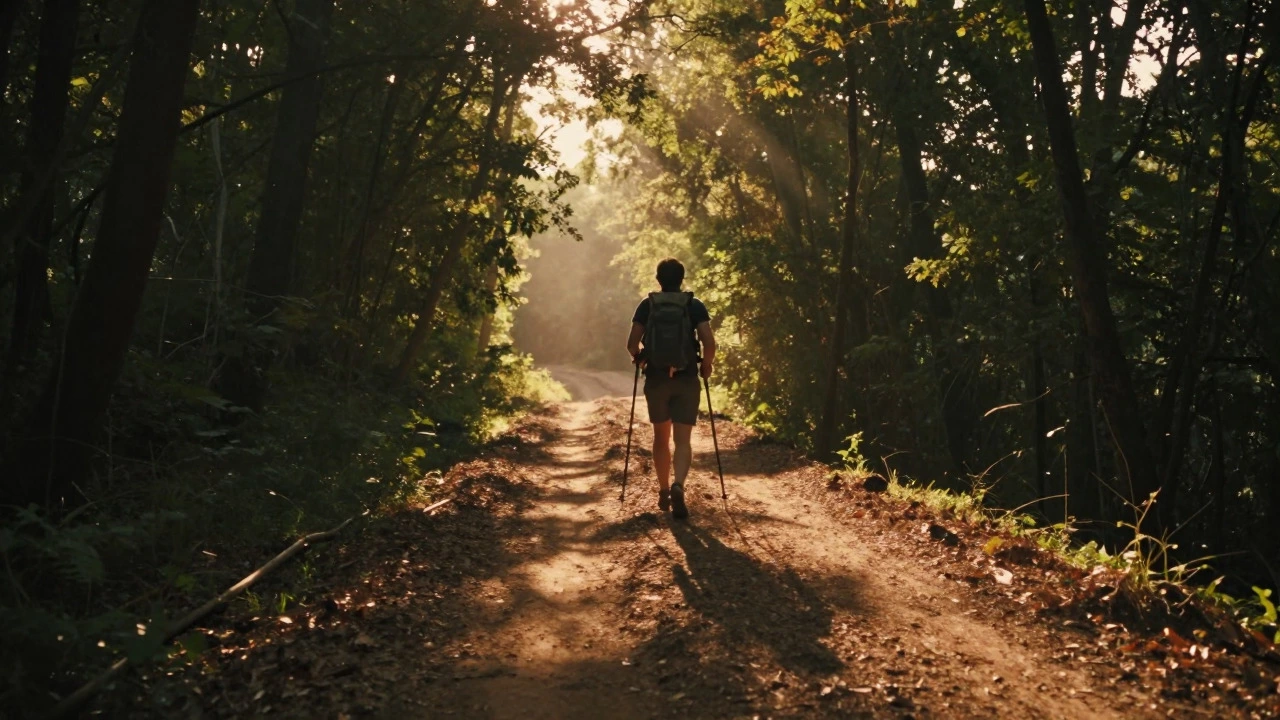 Hiker walking on a forest trail using trekking poles in sunset