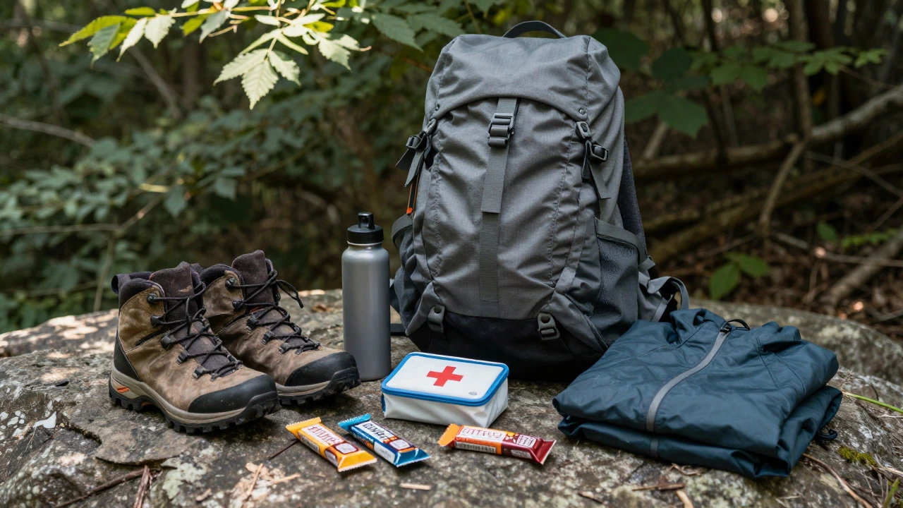 Lightweight hiking gear including boots, backpack, and water bottle
