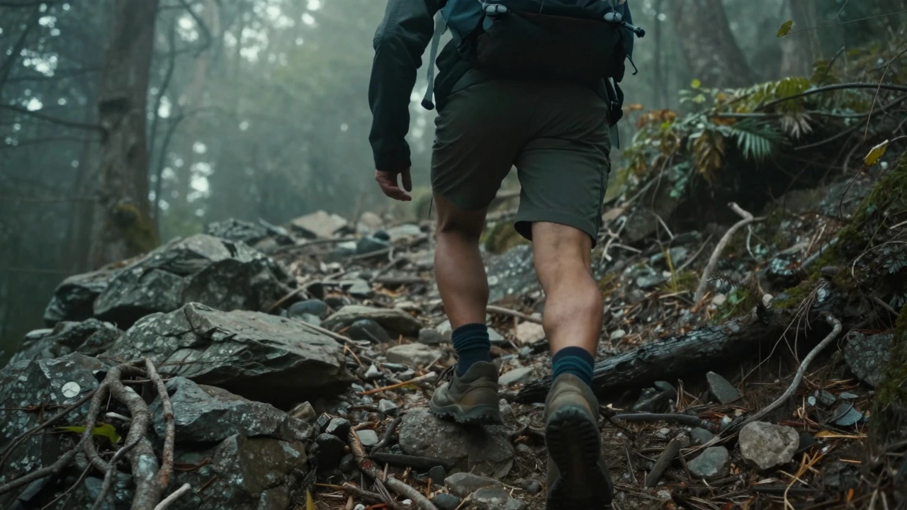 Trekker climbing a steep rocky slope in a misty forest